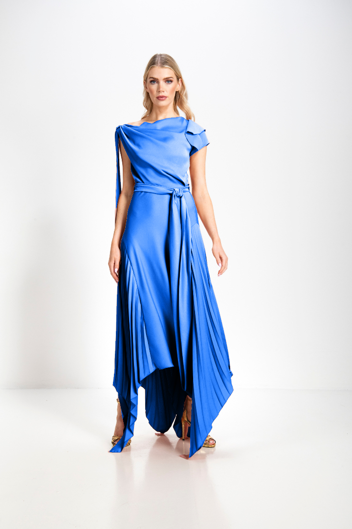 Kevan Jon Mila Pleat Knee Handkerchief Hem Tie Waist Satin Dress Duck Egg Blue